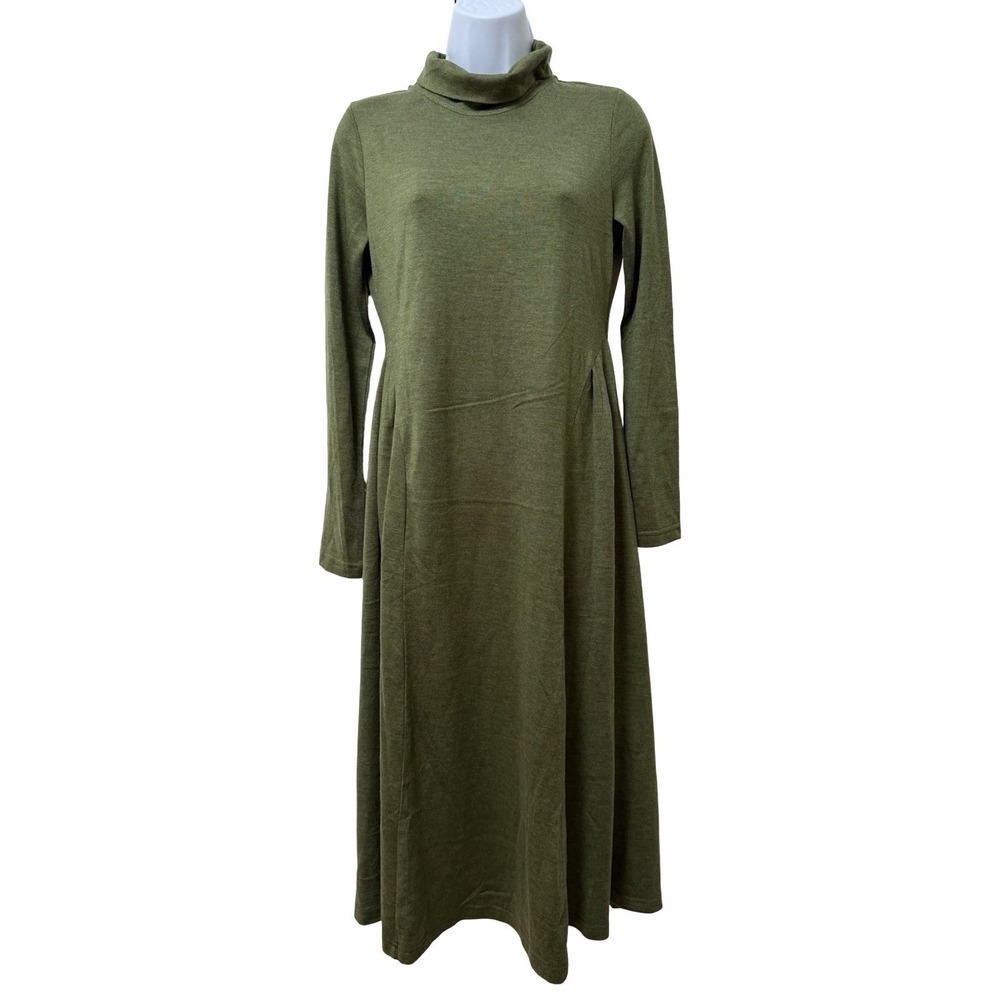 Lintico Wool Sculpted Pleats Turtleneck Maxi Dress Size M BRIAR Olive Lagenlook